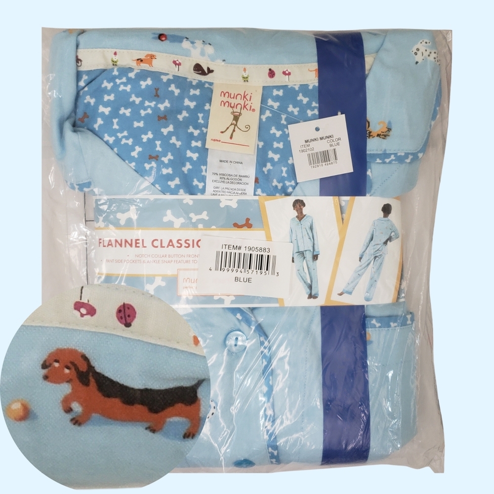Munki Munki Flannel Pajama Set All Dogs Welcome Long Sleeve Top/Pants Blue NWT🐶